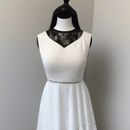 AI generated: center front display photo of a white dress with black lace trimming