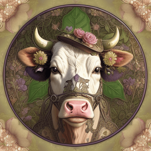 AI generated: A vibrant botanical steampunk illustration realistic cow face, symmetrical, style of William Morris,...