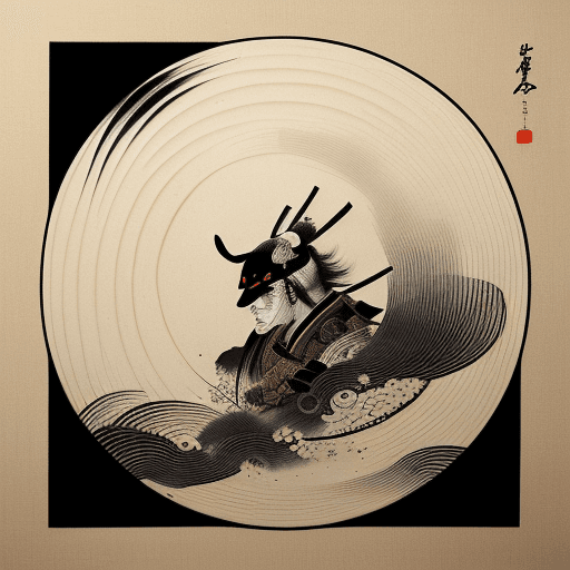 AI generated: Japanese ink drawing, in the style of samurai legends, intricate brushwork, setting sun --ar 71:128
