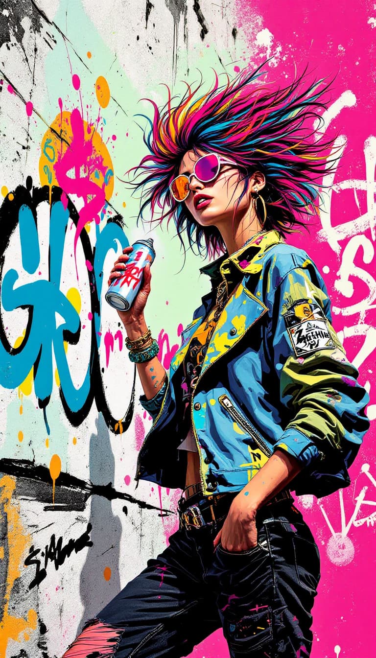 AI generated: (5) A vibrant poster, influenced by the pop-art aesthetic of Andy Warhol, features a female graffiti...
