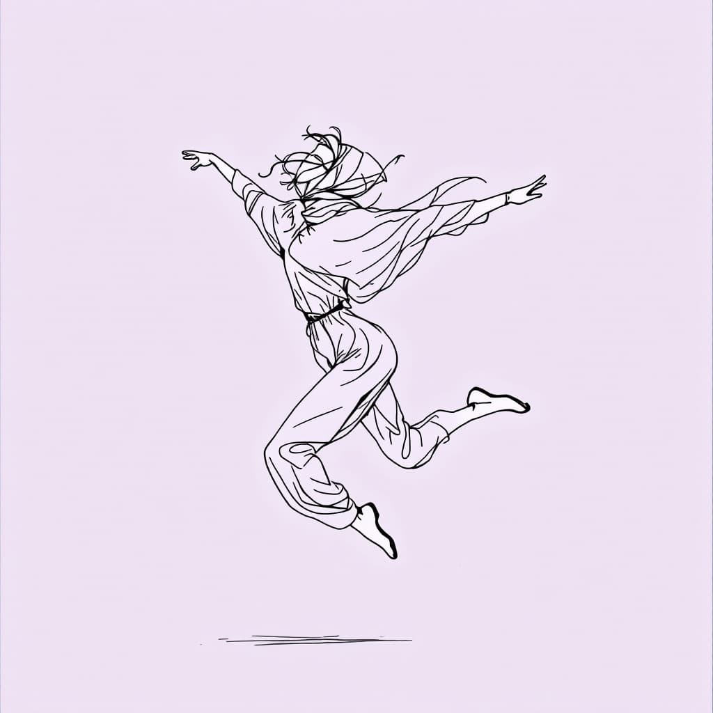 AI generated: minimalist line art drawing of a Beautiful and cute and glamorous Muslim Iranian  girl leaping joyfu...