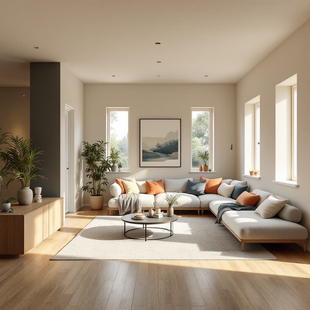 AI generated: High resolution photography interior design, dreamy sunken living room conversation pit, wooden floo...