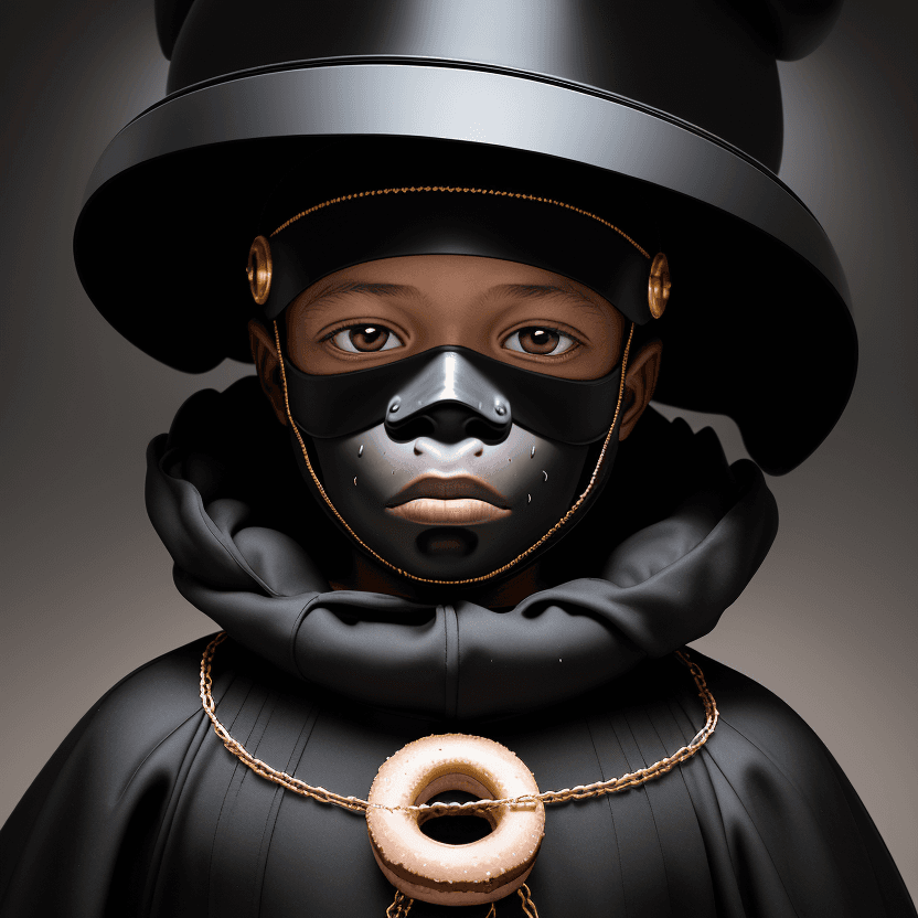 AI generated: 5 year old boy in a black ape helmet mask and black suit, black hat with a salty donut in his hand, ...