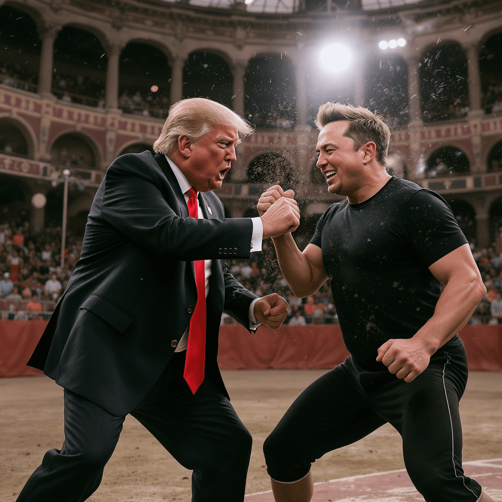 AI generated: Donald Trump, battling Elon Musk in the Roman circus arena
