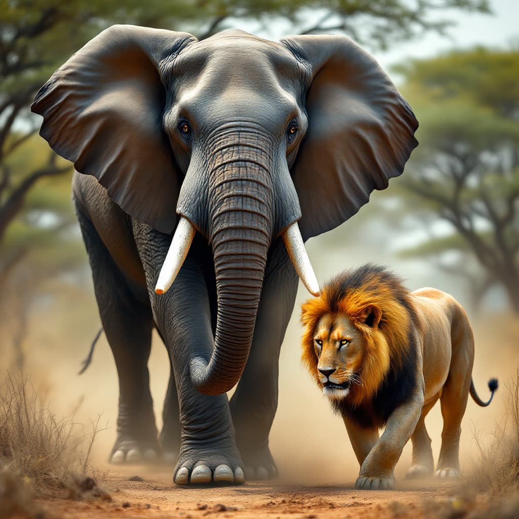 AI generated: A majestic elephant, its grey skin glistening with sweat, stands victorious in the heart of the sava...