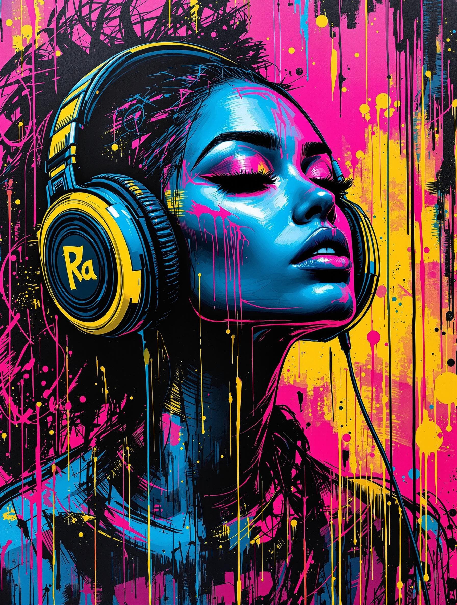 AI generated: A vibrant urban street art portrait of a woman wearing large headphones, neon colors glowing in pink...