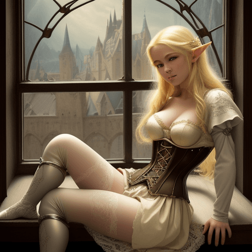 AI generated: a beautiful blonde woman in a corset and stockings sitting on a window sill, a picture, fantasy art,...
