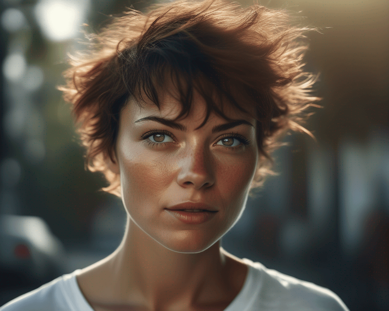 AI generated: detailed and realistic (upper body portrait:1. 2) of a woman with a few (freckles:0. 8) BREAK round ...