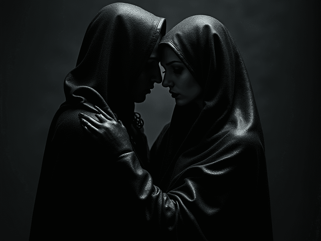 AI generated: A hauntingly beautiful scene where dark romance meets sleek carbon fiber artistry. Imagine intertwin...