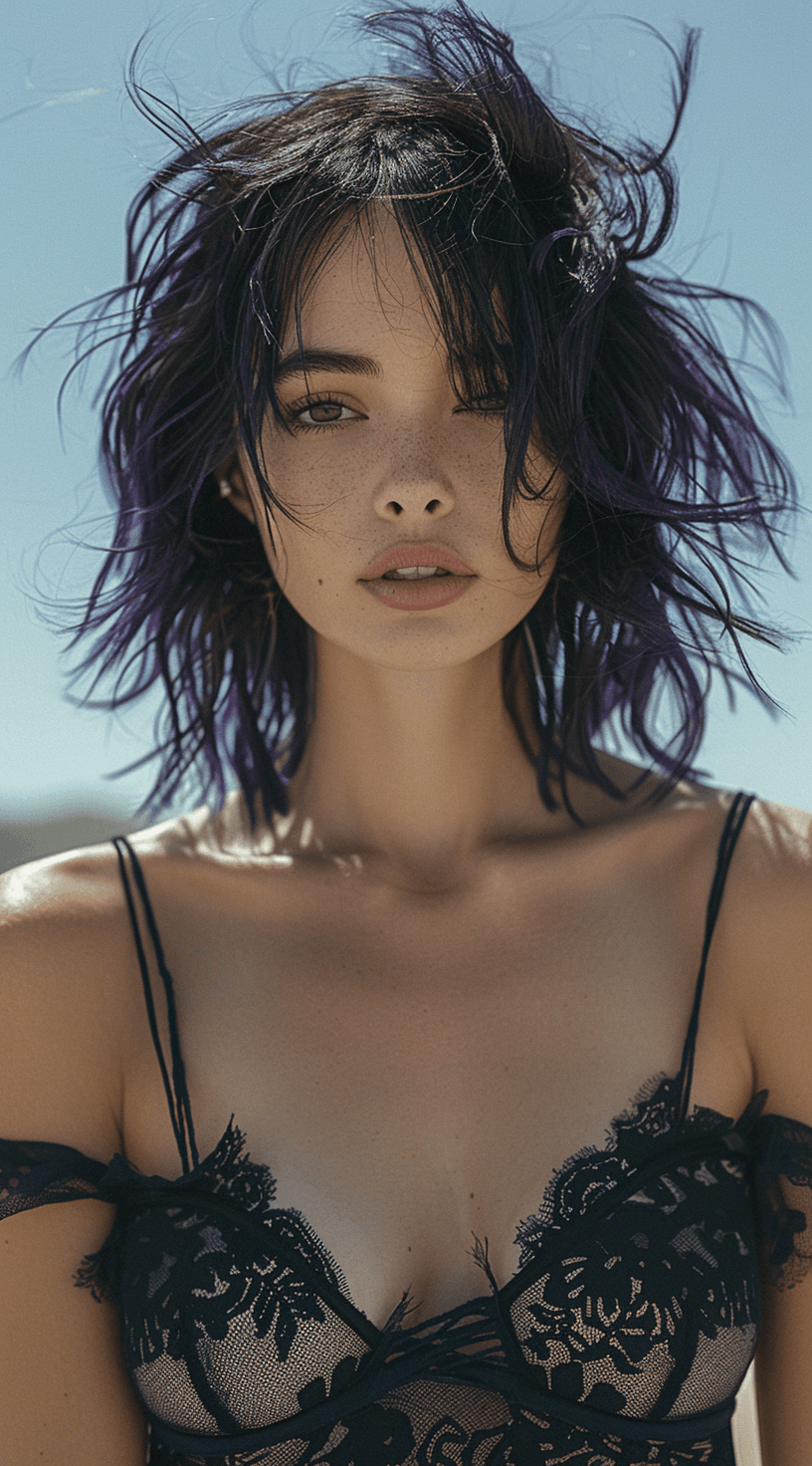 AI generated: a photo of the most beautiful woman with purple hair, black and white lace top outfit, desert backgr...