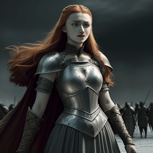 AI generated: Sansa Stark, gladiator dress, full-body shot,Medieval epic battlefield background,erotic warrior cos...