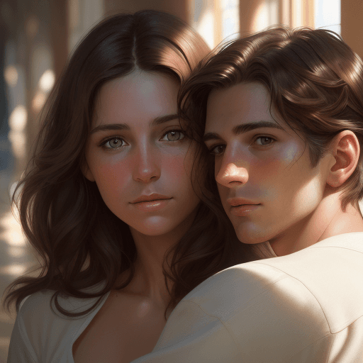 AI generated: portrait of a woman with a man, with medium brown hair, clean skin, hazel eyes, intricate artwork by...