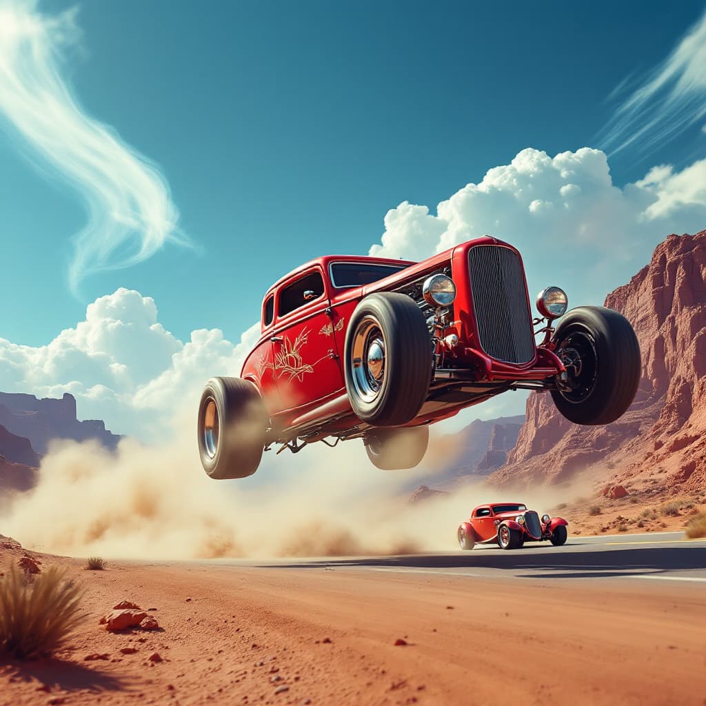 AI generated: a red retro-style car flying mid-air, another similar red car driving on a desert road, both with 19...