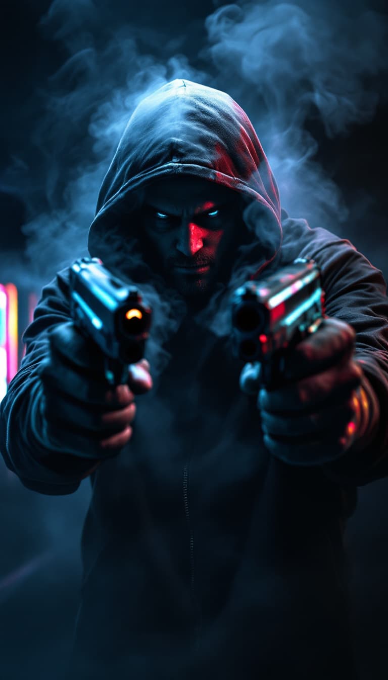AI generated: dark with RGB neon lights background, BrutAL man wearing hoody, holding dual 9mm handguns, "SAMIR" w...