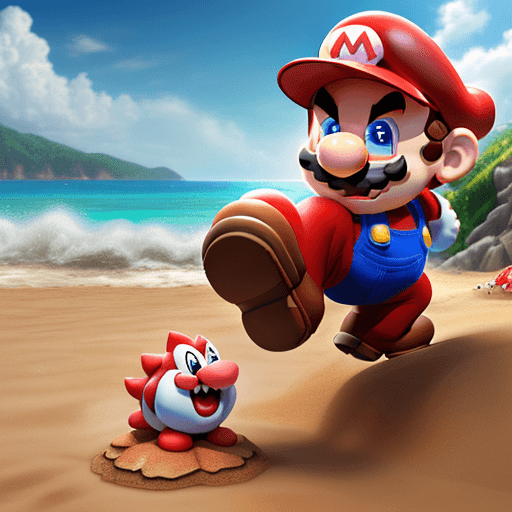 AI generated: Super realistic Mario from Super mario, stomping on a goomba, beach background, 4k resolution, low a...