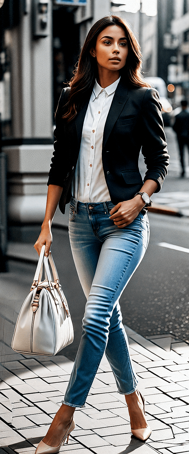 AI generated: The image features a woman walking down a city street, wearing a black jacket and blue jeans. She is...