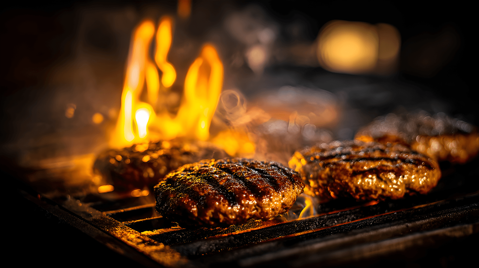 AI generated: Close-up view of several hamburger patties cooking on a grill,  with flames and smoke rising around ...