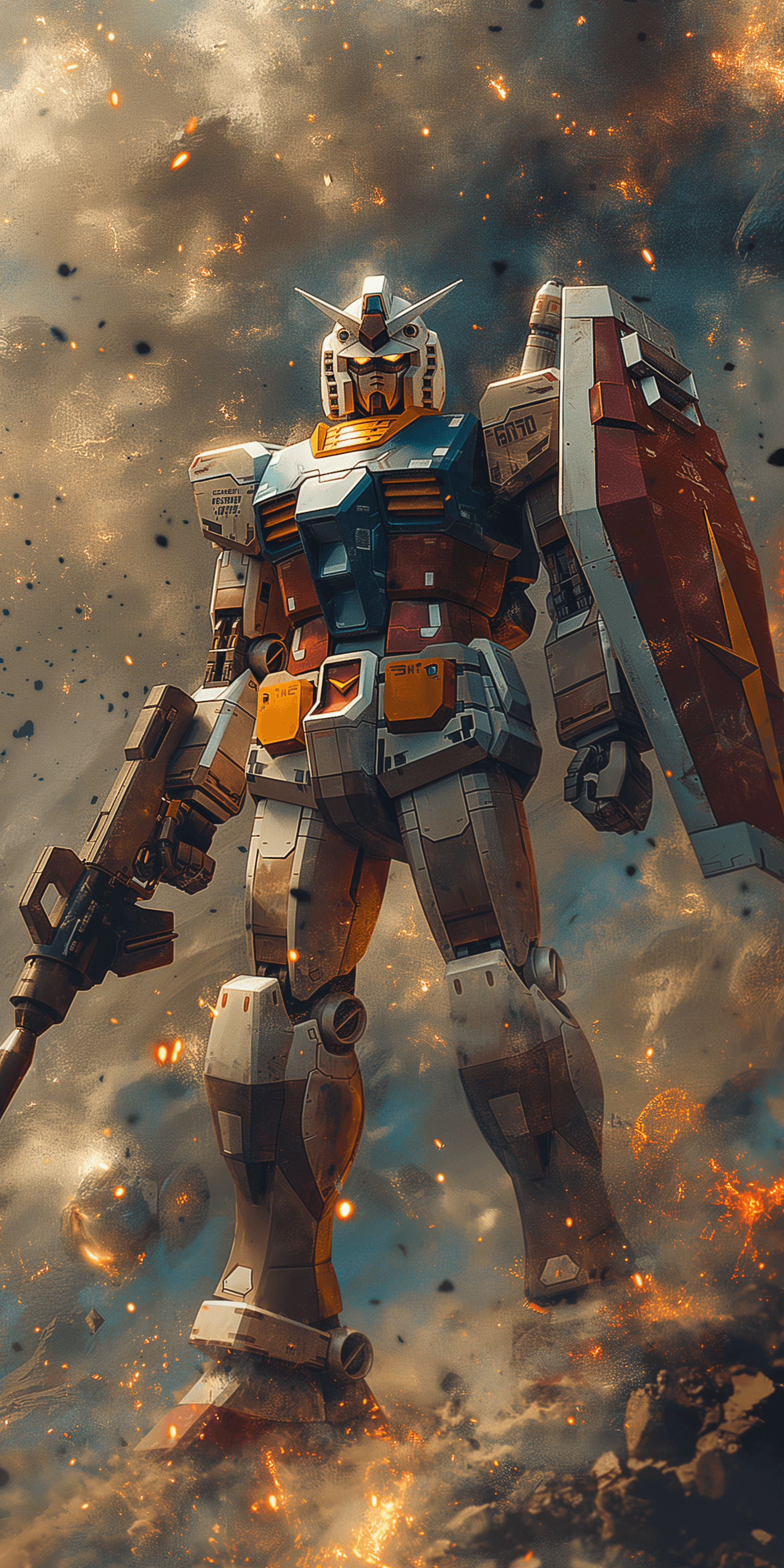 AI generated: illustration of RX-78-2 Gundam, with shield and weapon, in the style of Kunio Okawara, anime, Mobile...