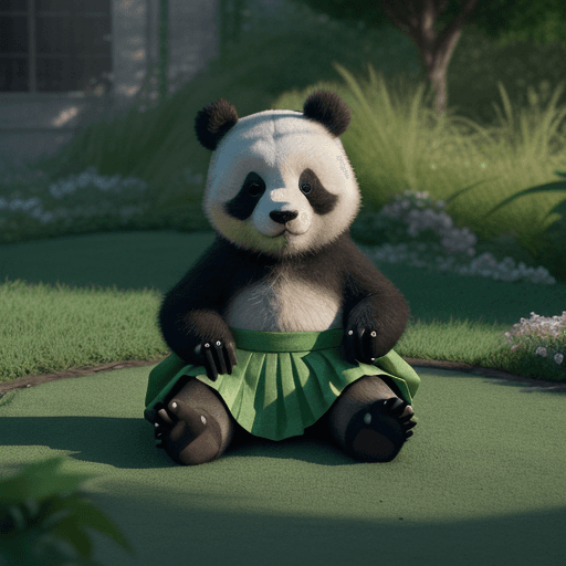 AI generated: Photo of a cute panda baby with a green skirt, soft light, in the garden, cinematic lighting, batter...