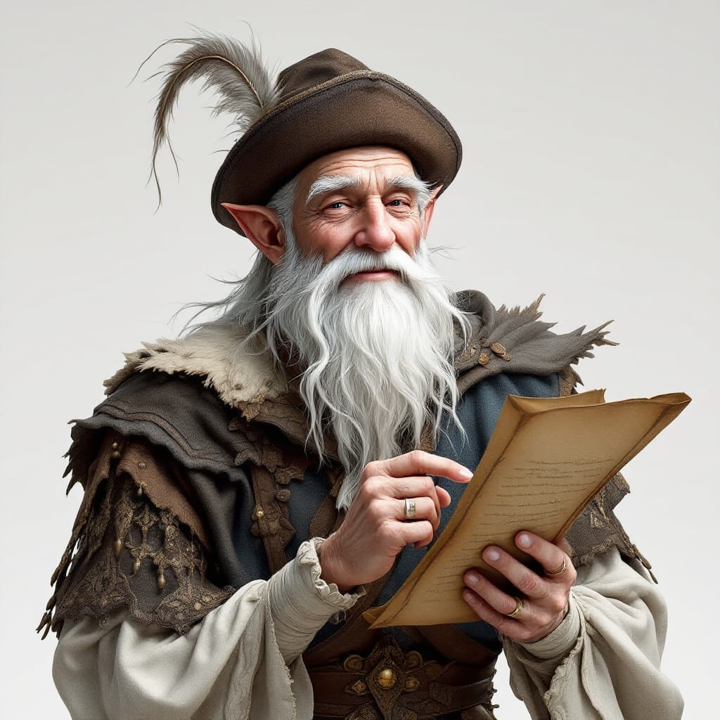 AI generated: happy musical elven bard, elderly, white hair and beard, medieval cap with a feather, holding a scro...