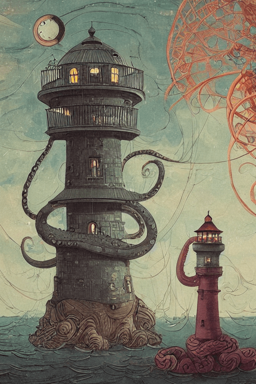 AI generated: A giant octopus with big eyes  holds a lighthouse in its tentacles painted by victo ngai, Alexander ...