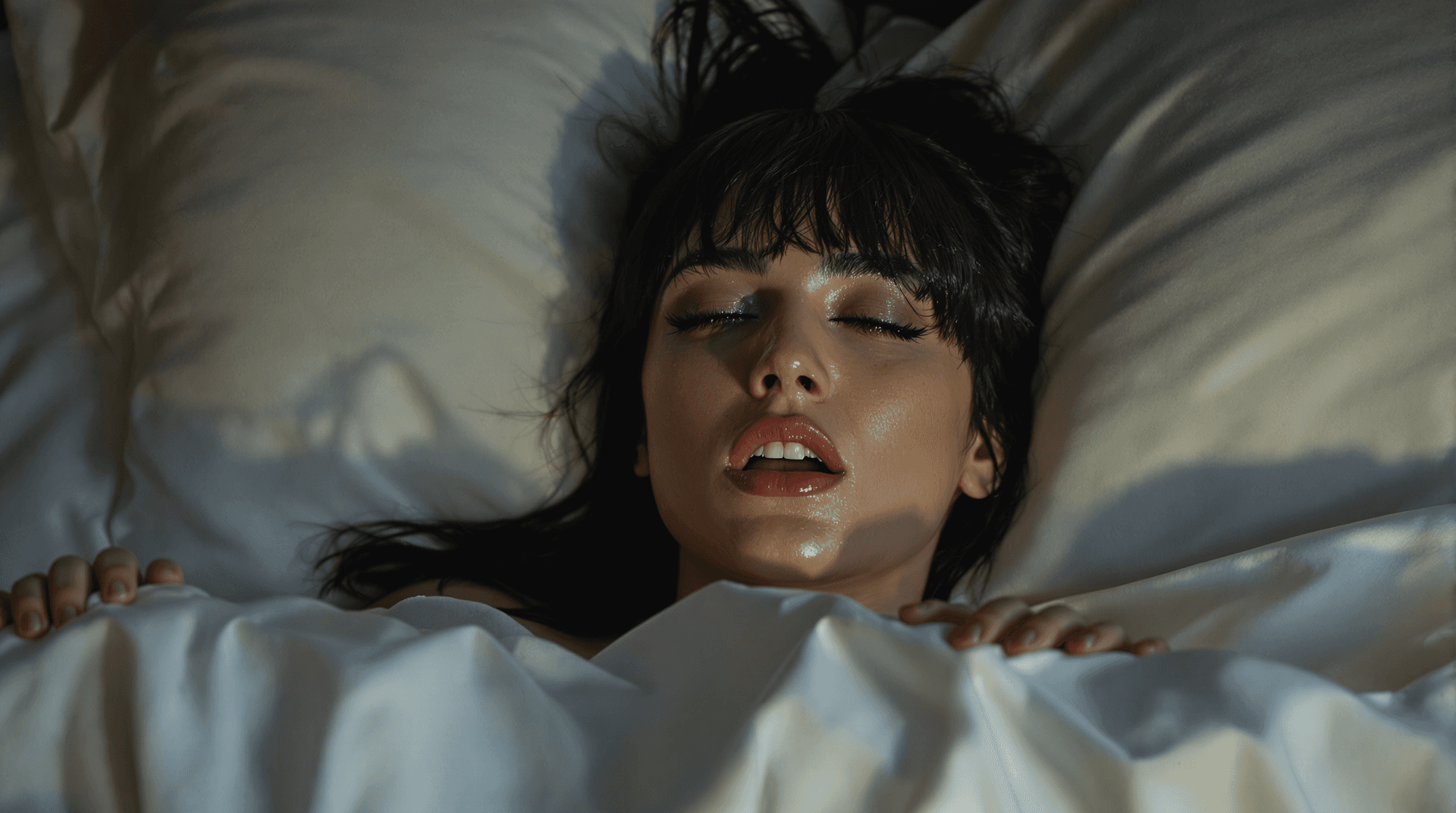 AI generated: extreme high angle, extreme close-up photo of a stunning woman (Lilith) in bed . Her raven tresses c...