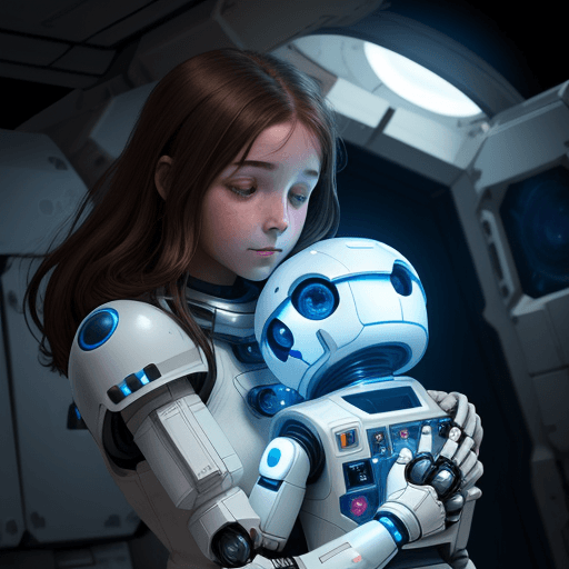 AI generated: a girl with brown hair,  wearing white robotic armor hugging her smal robot friend inside a space st...