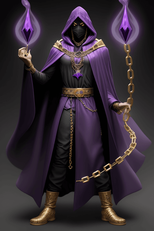AI generated: Shadow wizard money gang, in purple cloak hood, dark face, gold chains and jewellery