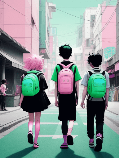 AI generated: An illustration of a quirky boy with black hair, a quirky girl with pink hair, boy and girl stand si...