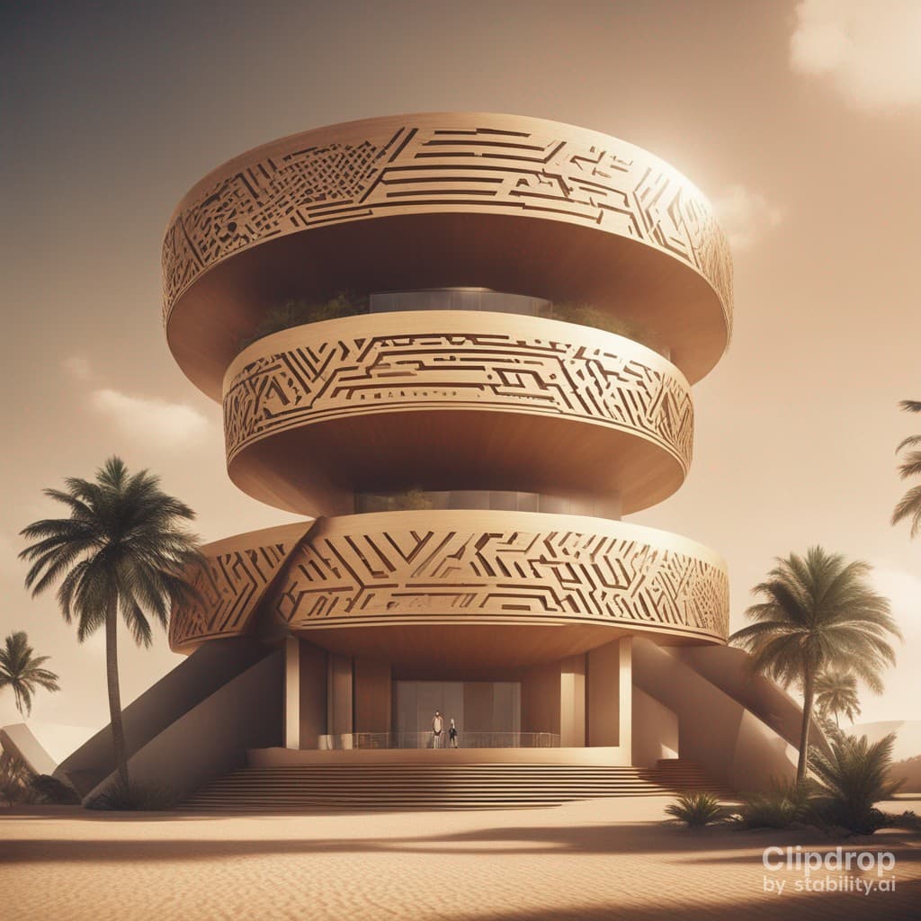 AI generated: Stylish whole modern building design in hieroglyphics patterns:: ultra modern::1 tropical::1.6 techn...