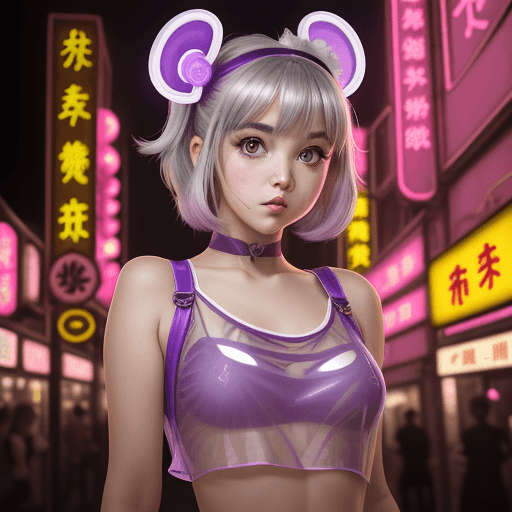AI generated: cute Marie Rose, a girl in a translucent purple top in a neon city, in the style of chinapunk, iconi...
