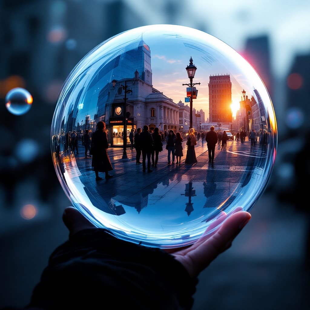 AI generated: Photorealistic style soap bubbles with fish-eye effect reflections of people and places on their sur...