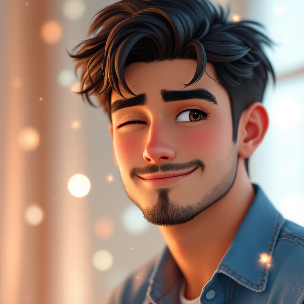 AI generated: “A close-up animated scene of a charming young man with a goatee and short dark hair, wearing a deni...
