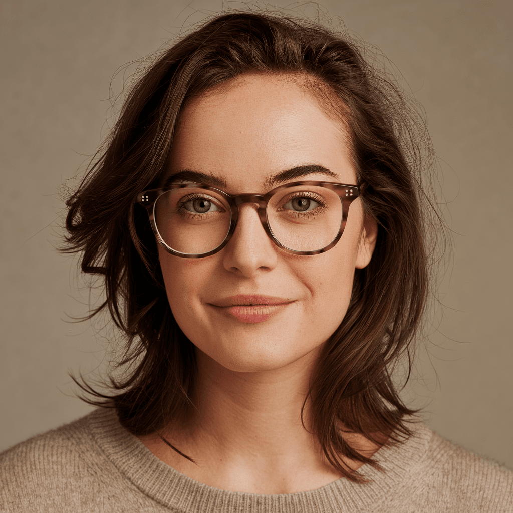 AI generated: Photo of a women with face that has soft features, eyes are deep-set and hazel colored. her faceshap...
