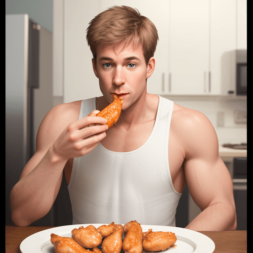 AI generated: white man in a tank top eating chicken wings
