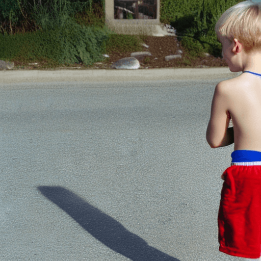 AI generated: A full length view of two 10 year old Caucasian boys with light blonde hair, short bowl cut and blue...