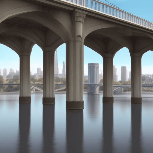 AI generated: Bridge with 2 pillars high in the middle of a big city under which there is a riversci-fi style, 
