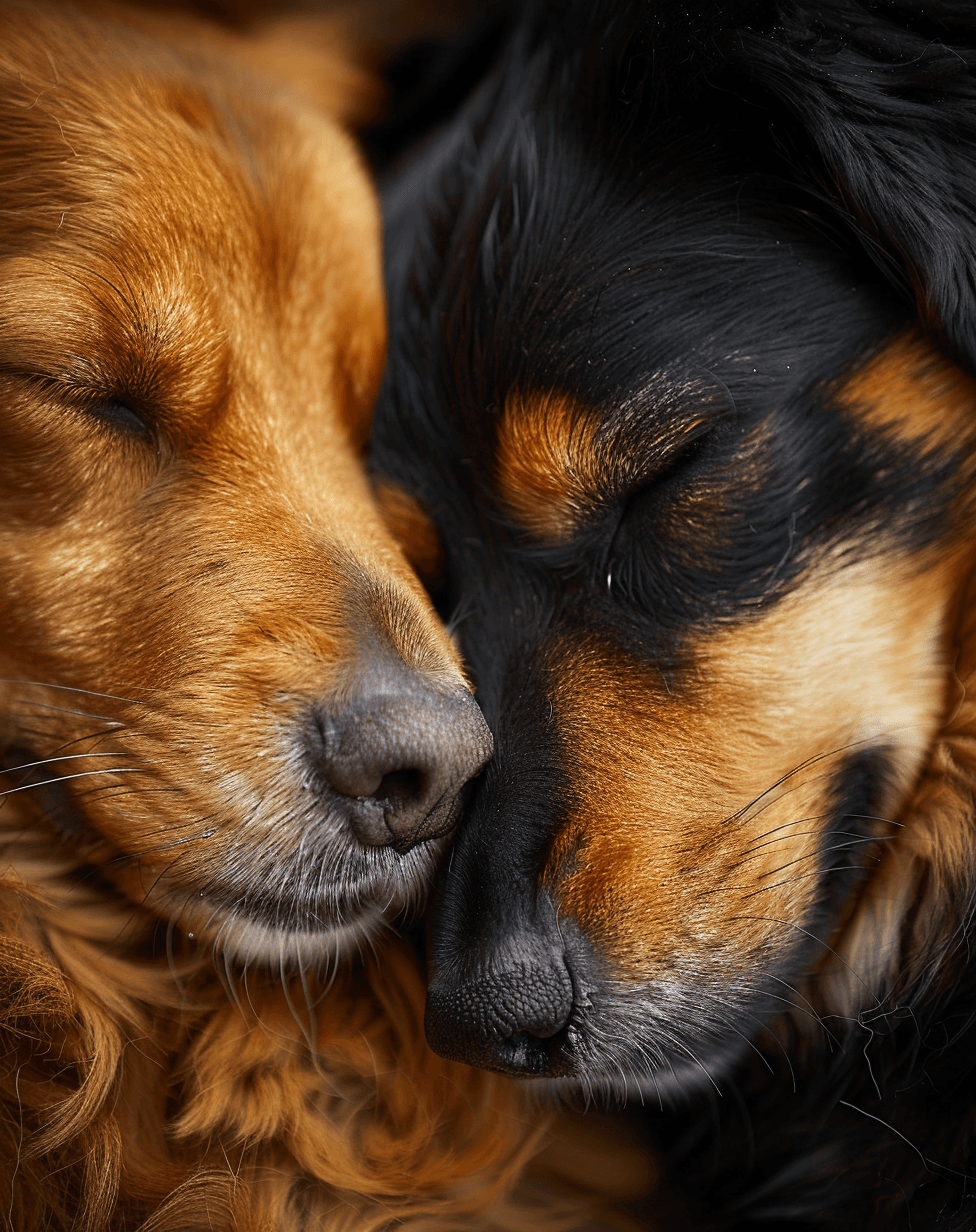 AI generated: Two dogs sleeping together, a closeup of their faces and ears, soft fur, warm tones, a moment betwee...