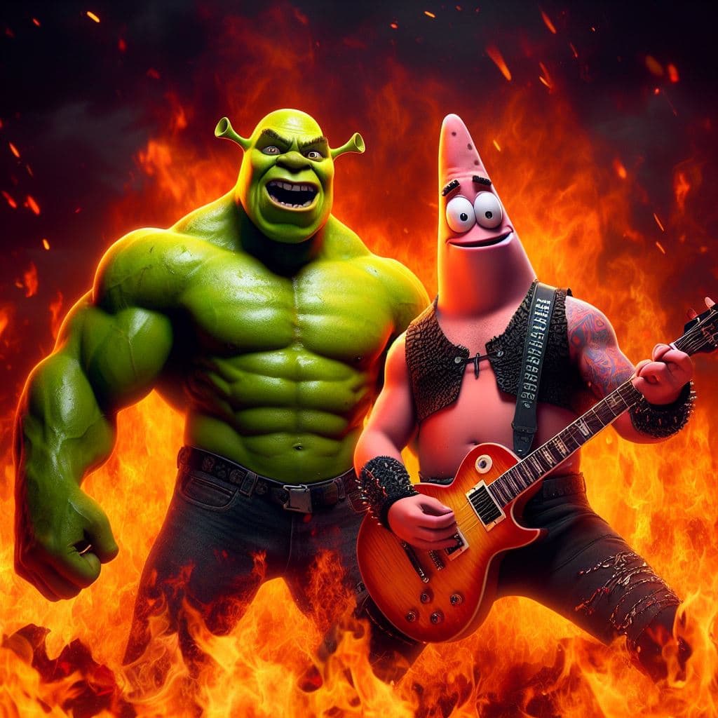 AI generated: Shrek and Patricio Estrella muscle-bound, fire-eyed rockers in hell, realistic