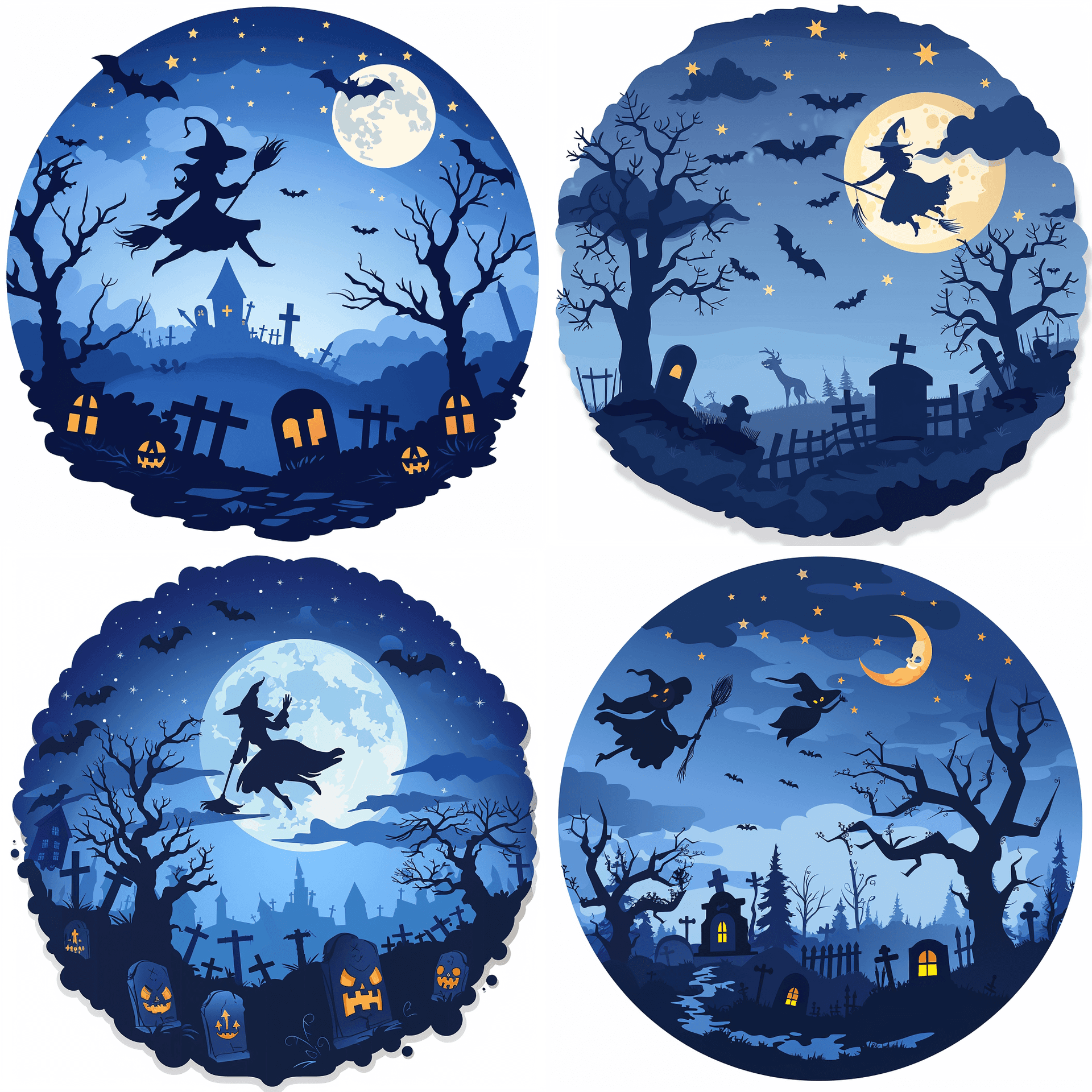 AI generated: round clipart, silhouette of witch flying on broom over graveyard with moon and stars, minimalism ve...