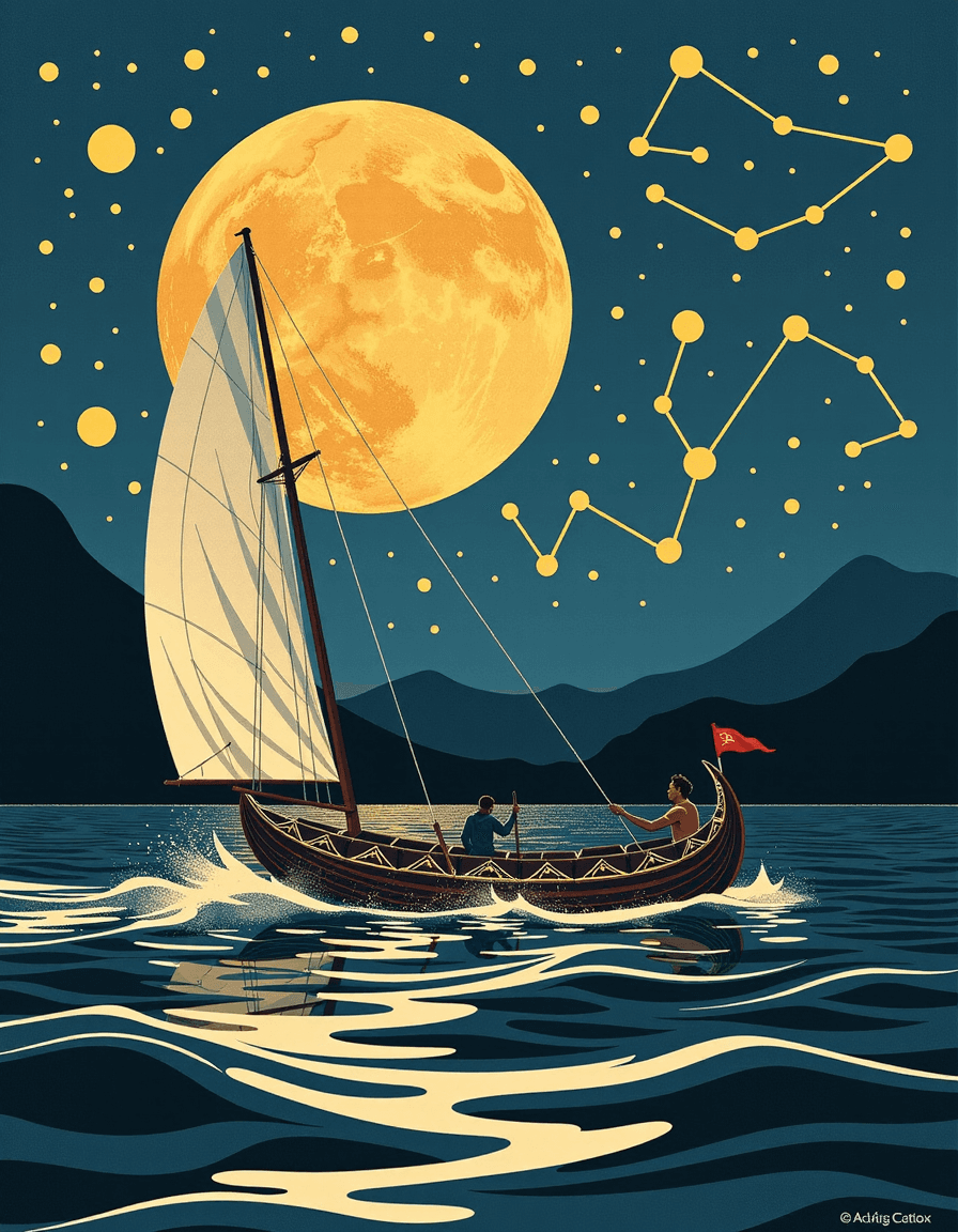 AI generated: "A Polynesian navigator steering a canoe by starlight, abstracted constellations forming in the sky,...