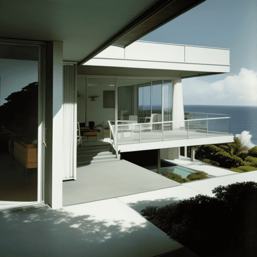 AI generated: Hyper realistic eye level exterior photo of a mid century modern style house overlooking the ocean, ...