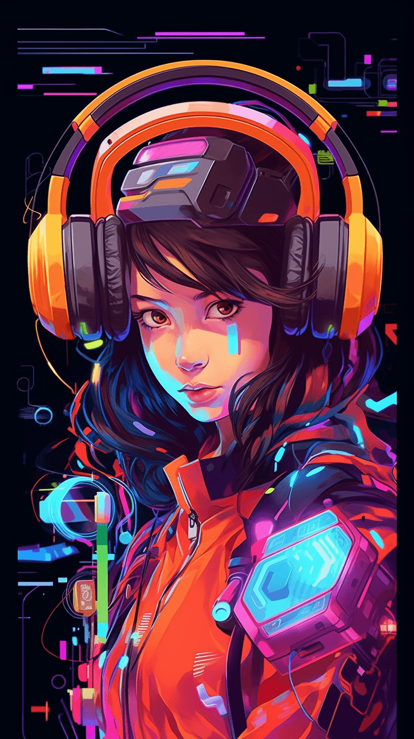 AI generated: A beautiful, elegant anime character face surrounded by high-tech gadgets and vibrant colors, Impres...