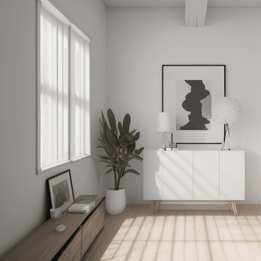 AI generated: white photography studio, realistic, modern minimalist style sideboard with stunning design, full-fr...