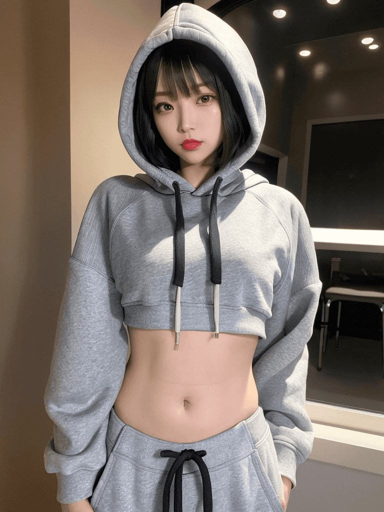 AI generated: 1 girl, beautiful Korean girl, (Cute Loose Bob hair), (wearing a cropped hoodie, capri sweatpants:1....