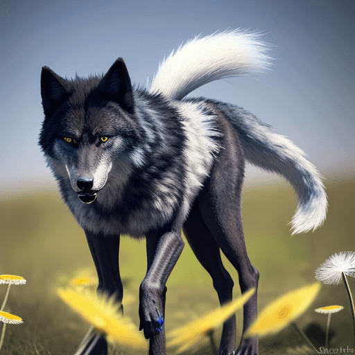 AI generated: Black bipedal furry wolf with blue eyes, white underbelly, and dandelion yellow highlights