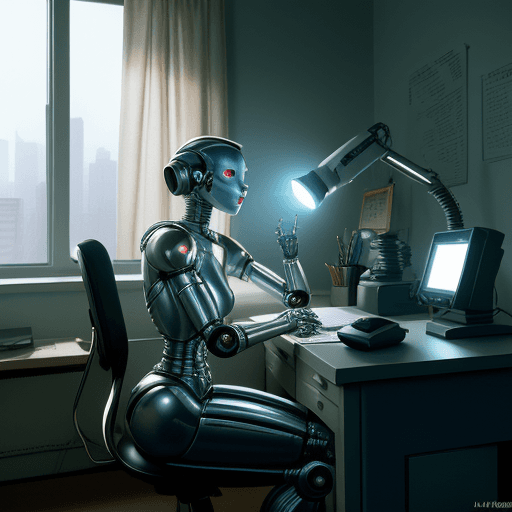 AI generated: A photorealistic image of an 1980s American office scene, featuring a humanoid metal robot styled li...