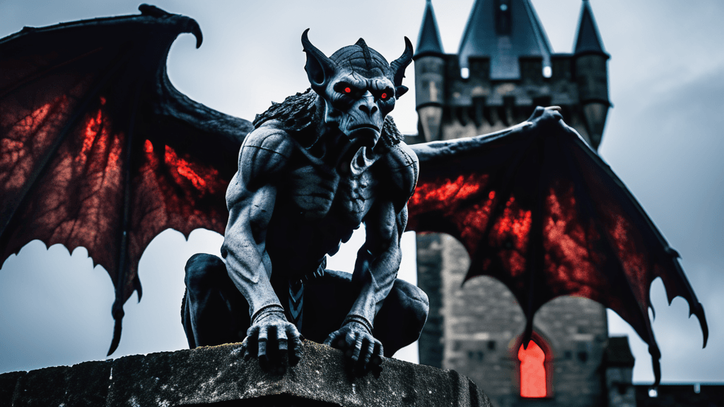 AI generated: Horror-themed a living gargoyle on top of a medieval scottish castle, red glowing eyes, (masterpiece...