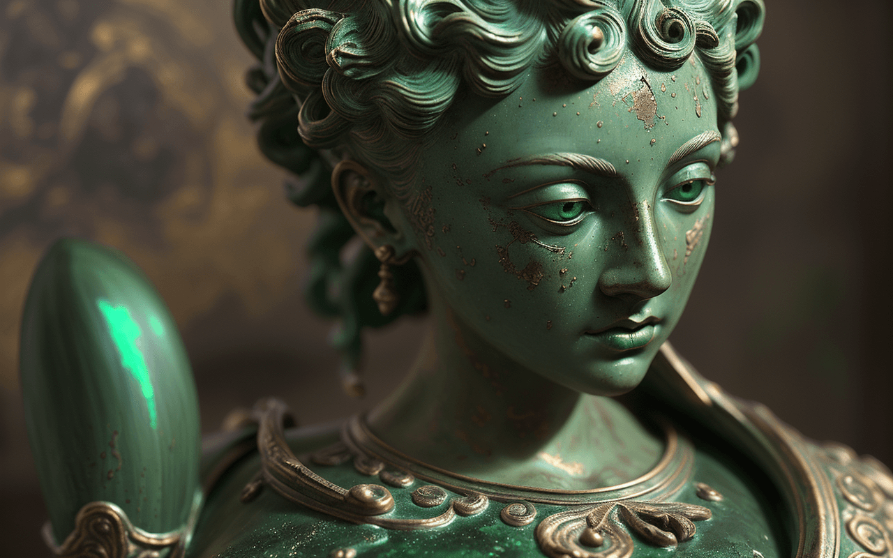 AI generated: barocco,interior statue venera,hair,portrait,closeup,abrasions,decorative bronze,( green patina:1.4)...