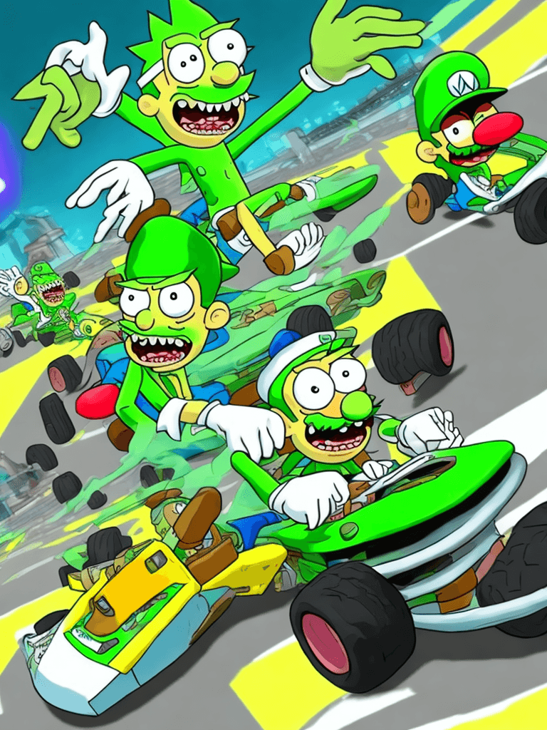 AI generated: action shot, pickle Rick(from Rick and Morty) as a Mario Kart character, racing